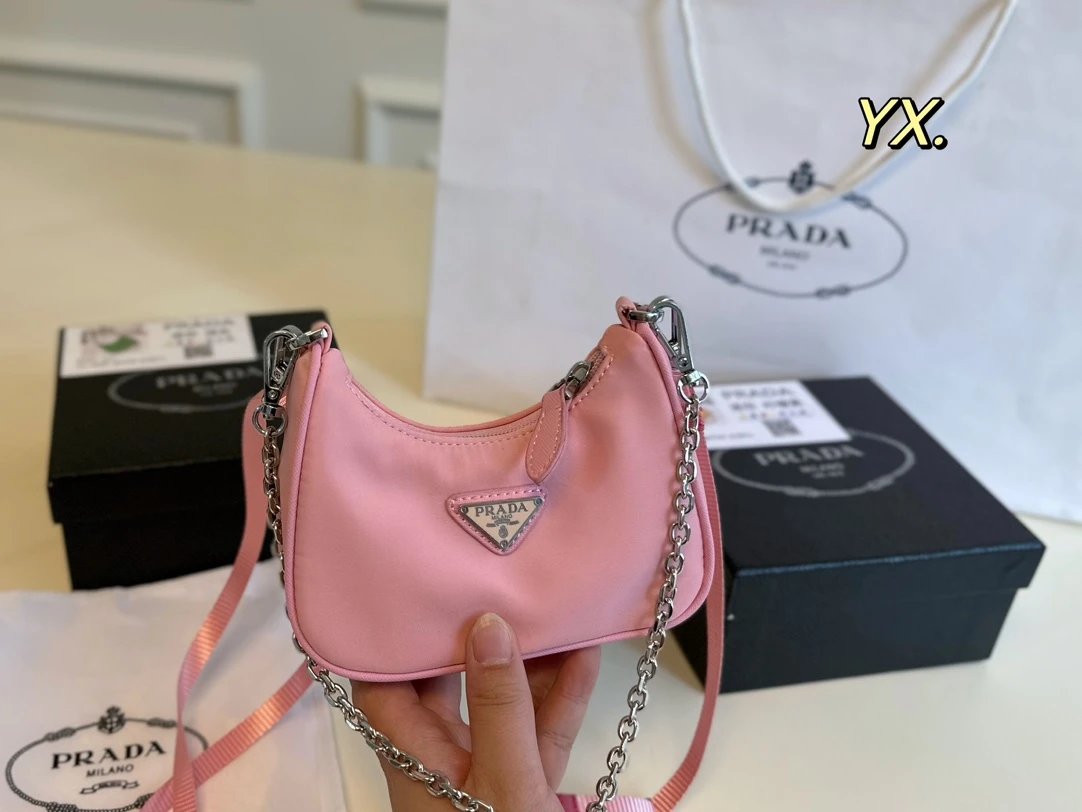 Prada Shoulder Bags Nylon bag with triangle logo plaque and chain strap — 10