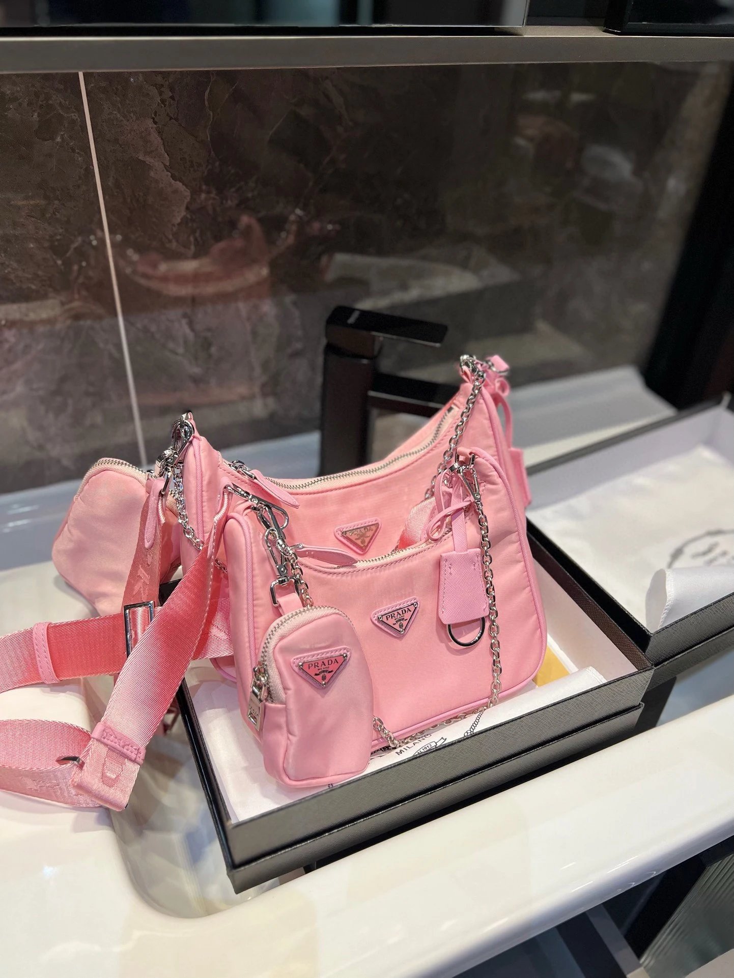 Prada Shoulder Bags Nylon bag with triangle logo plaque and chain strap image 10