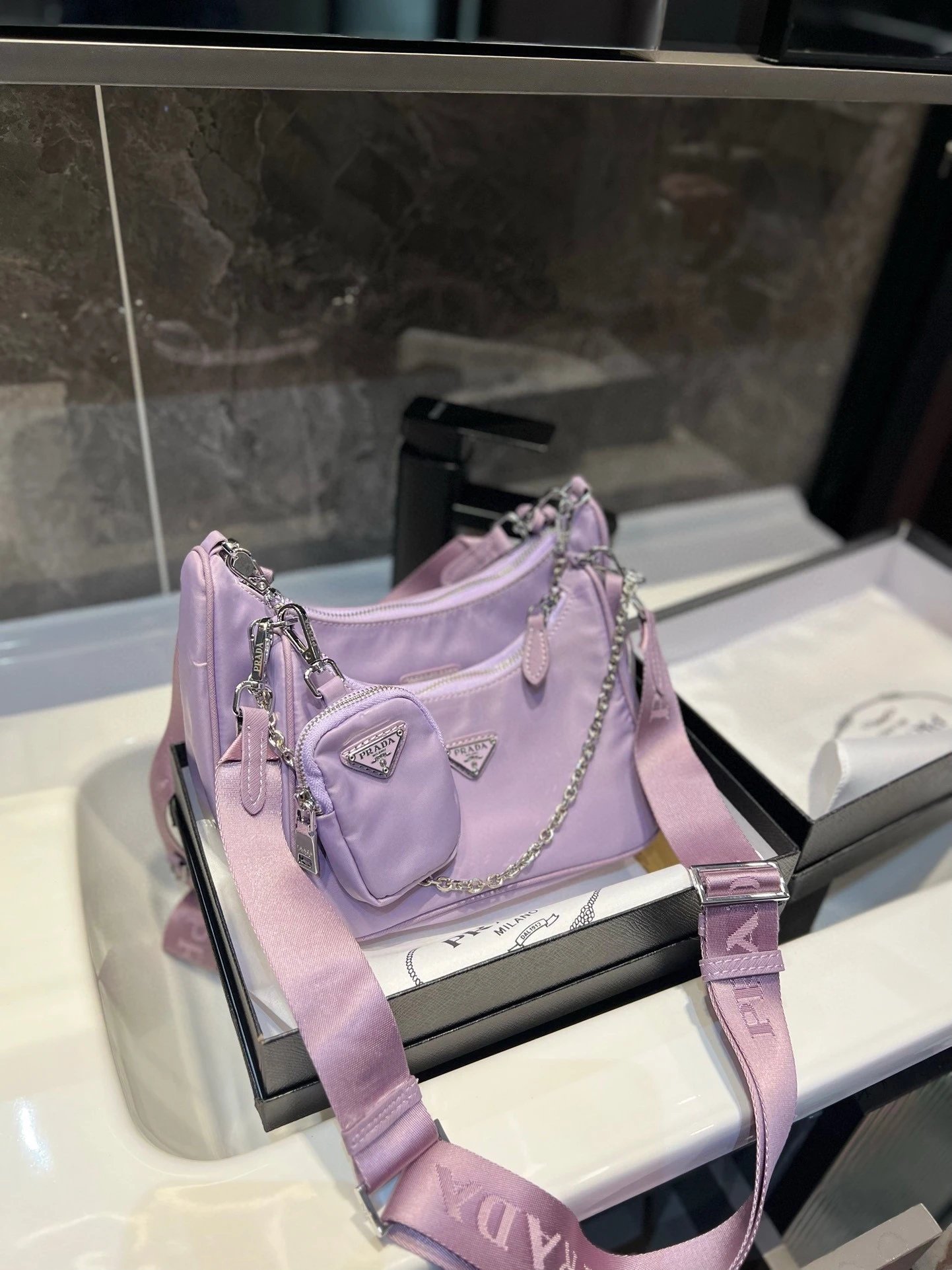 Prada Shoulder Bags Nylon bag with triangle logo plaque and chain strap — 36
