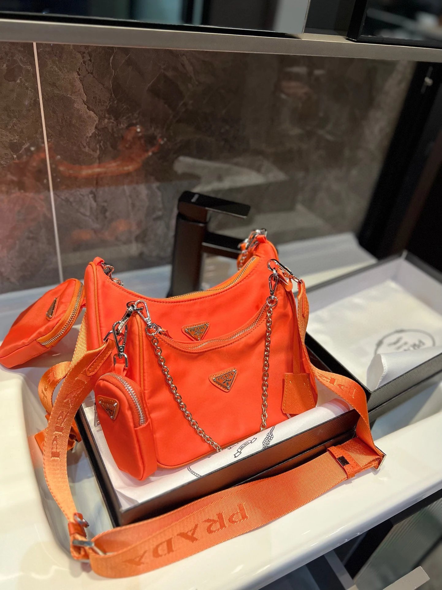 Prada Shoulder Bags Nylon bag with triangle logo plaque and chain strap — 35