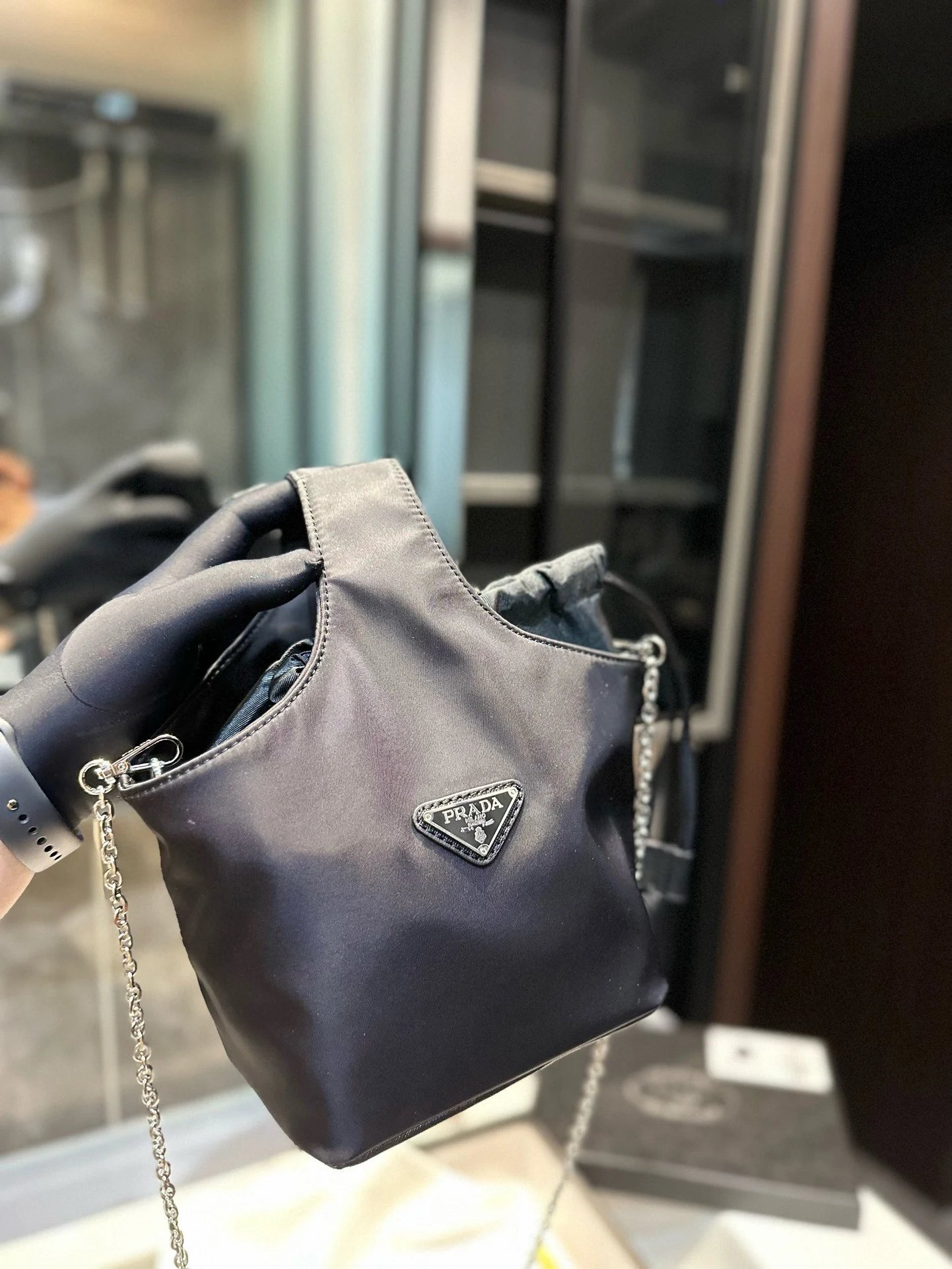 Prada Shoulder Bags Nylon bag with triangle logo plaque and chain strap image 2
