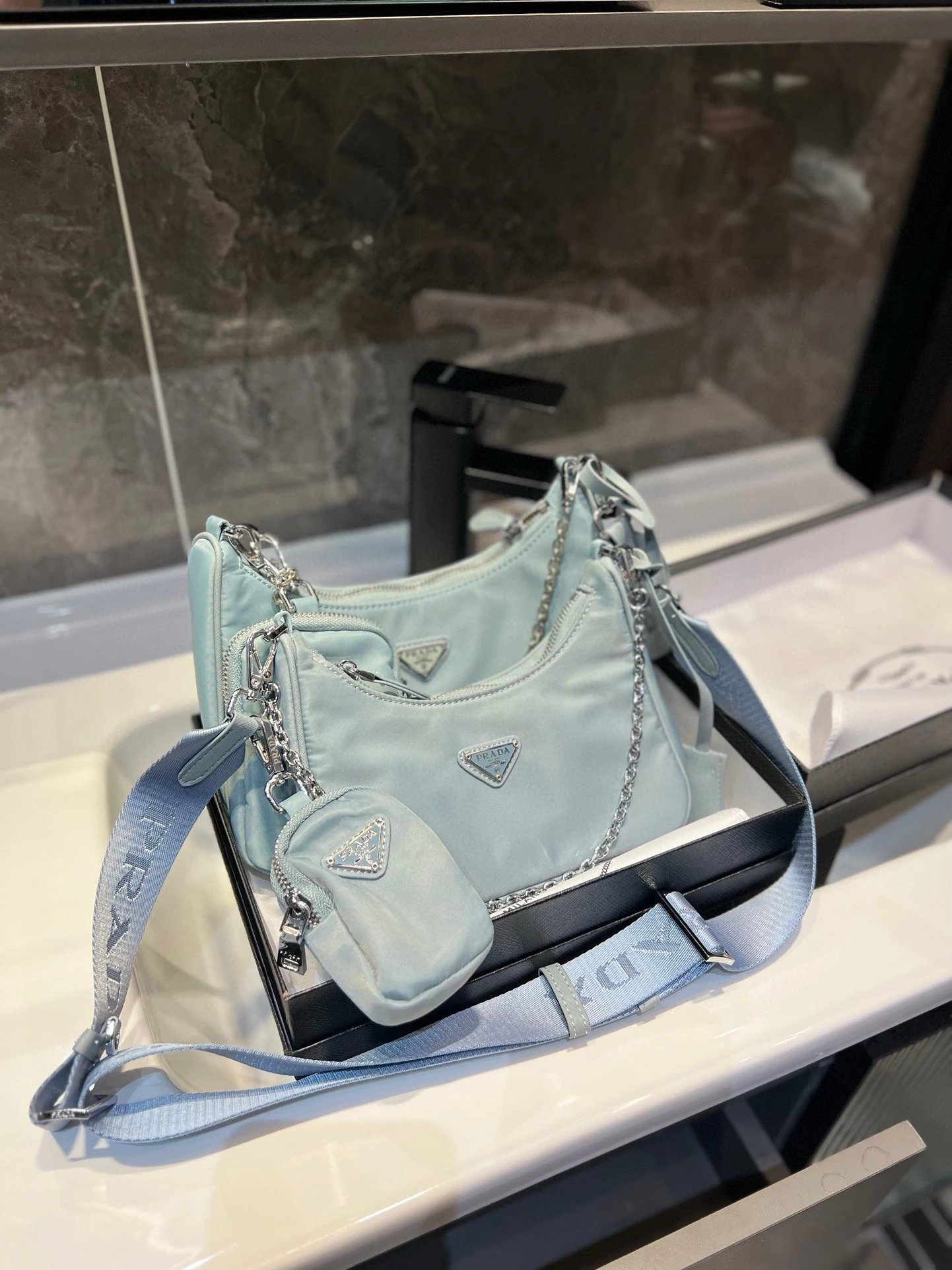 Prada Shoulder Bags Nylon bag with triangle logo plaque and chain strap — 30