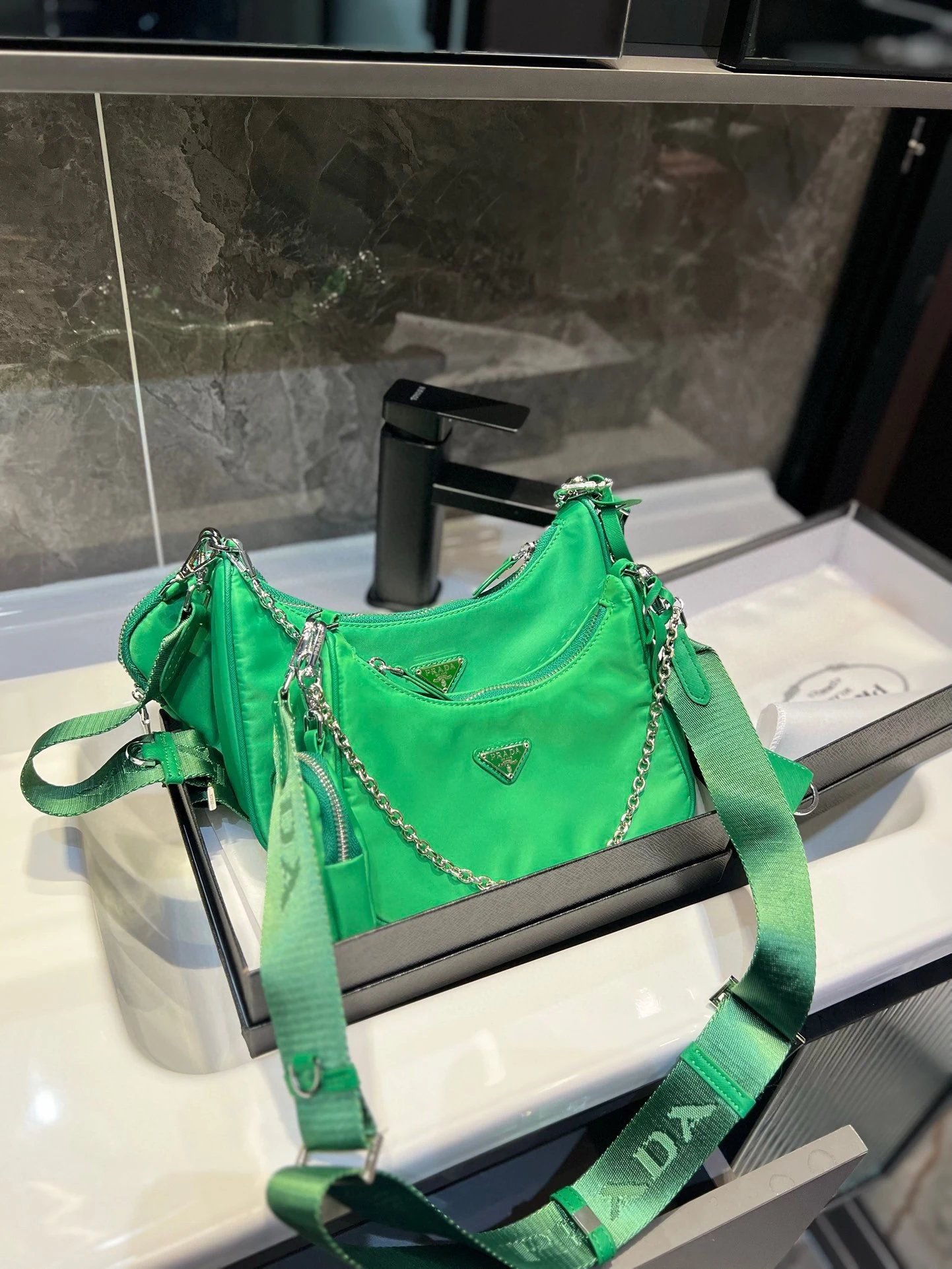 Prada Shoulder Bags Nylon bag with triangle logo plaque and chain strap — 33