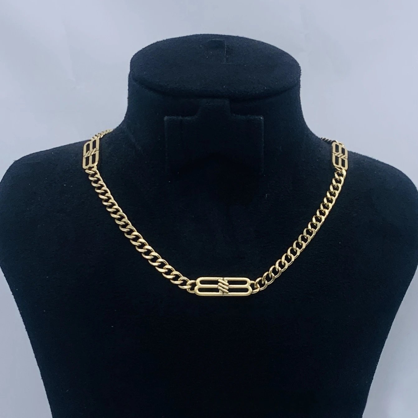 Gold Chain and Crystal Double-Strand Necklace with Letter B Pendant - 14