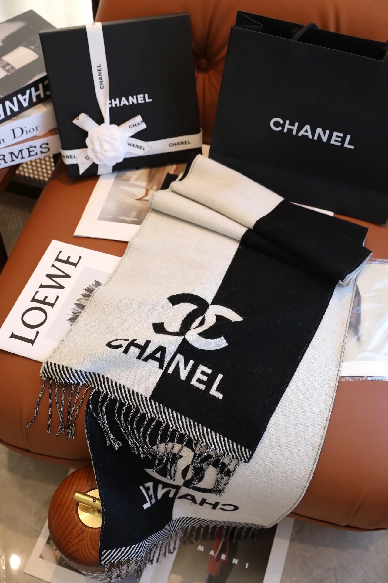 Chanel Logo Print Cashmere Scarf Beige and White Scarves - 13