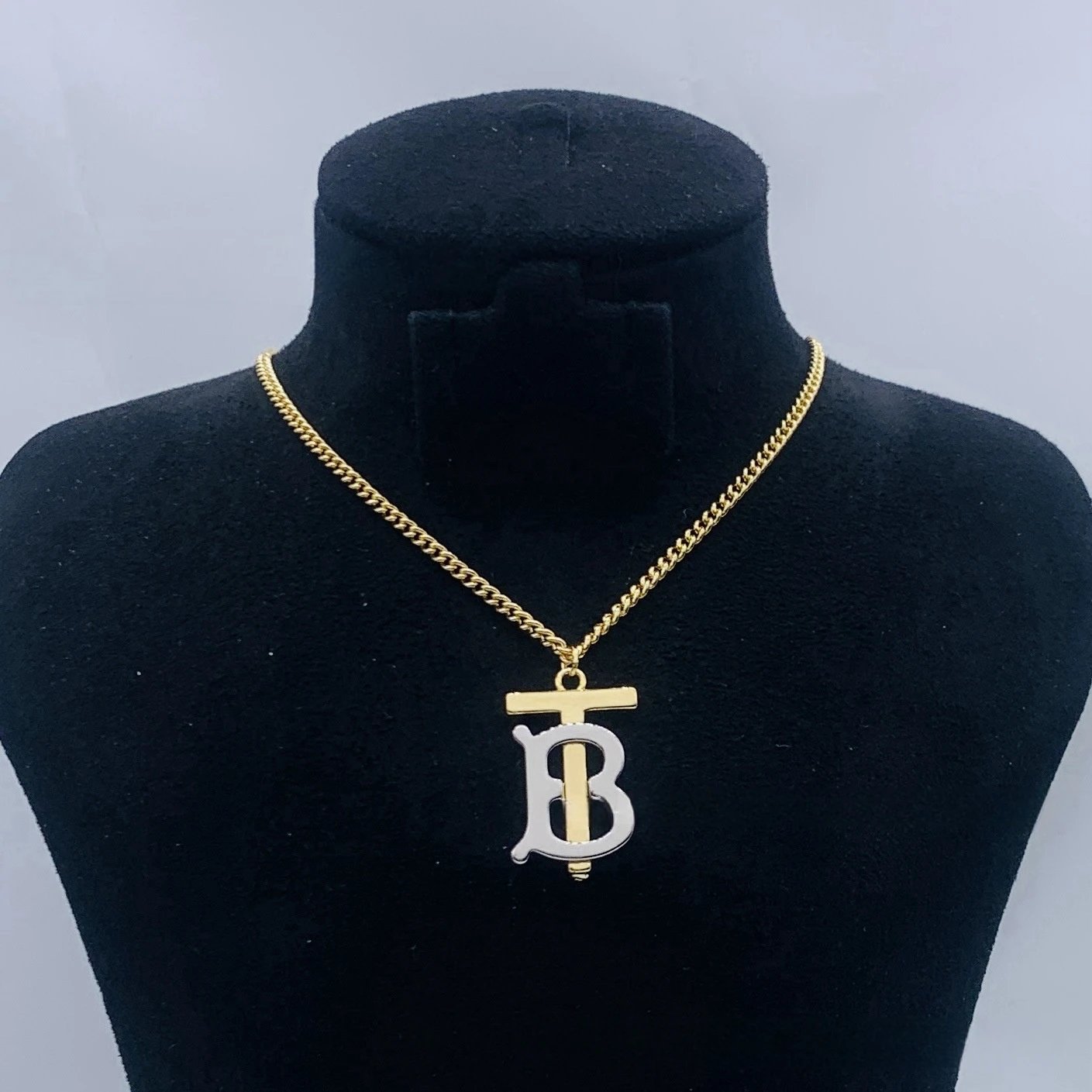 Gold Chain and Crystal Double-Strand Necklace with Letter B Pendant - 16
