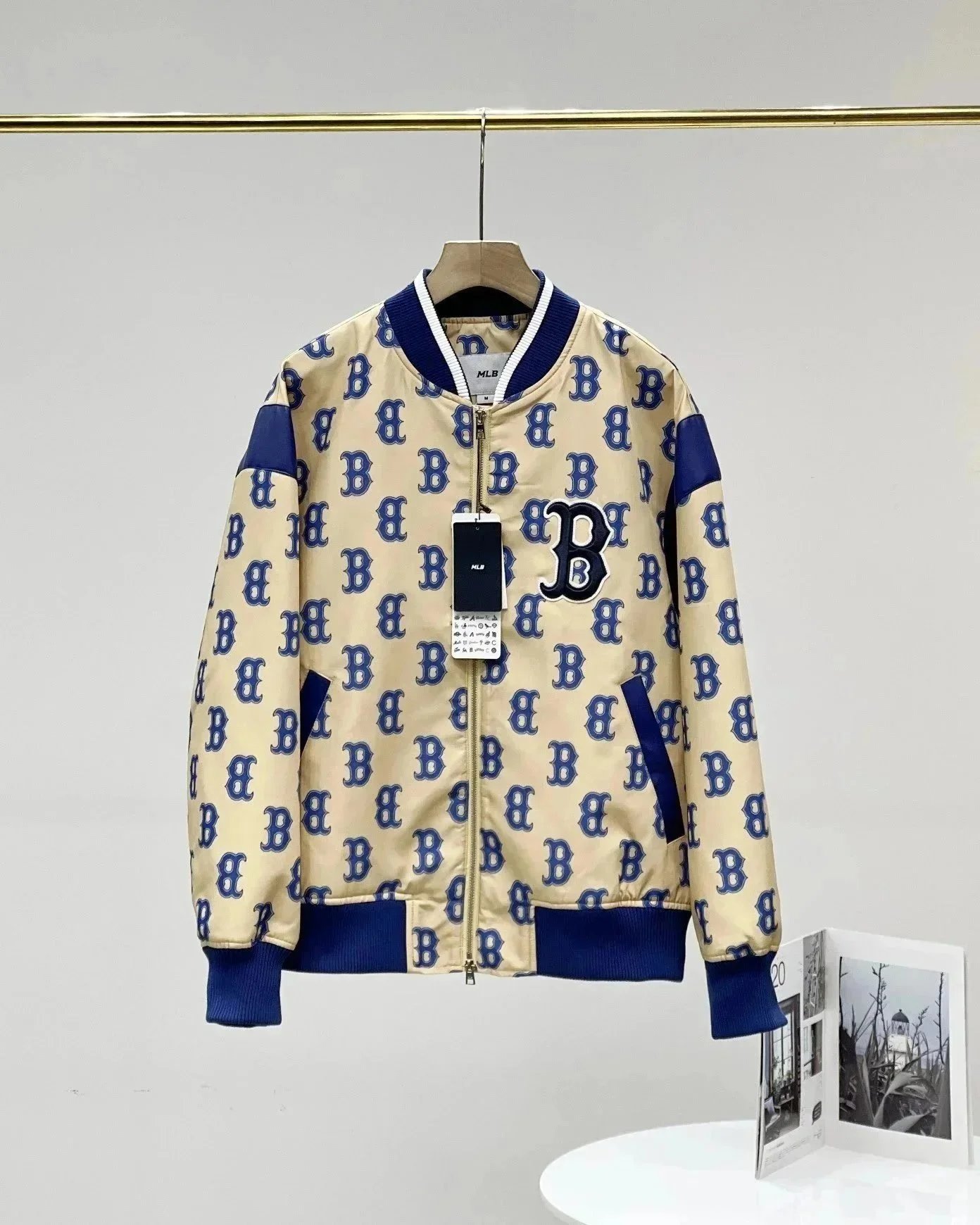 MLB Boston Red Sox All-Over Logo Bomber Jacket Beige / Navy Outerwear Jacket