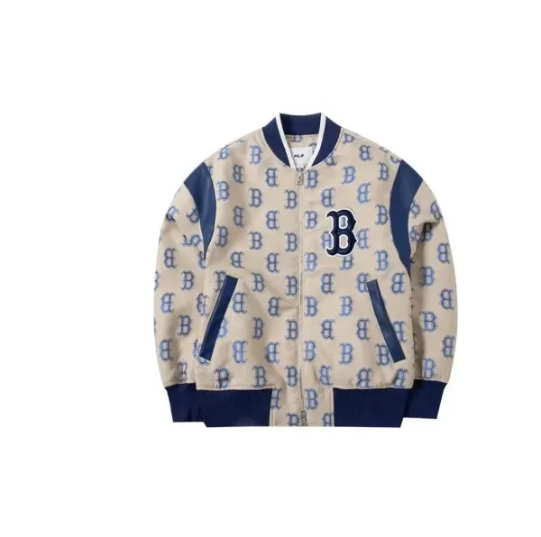 MLB Boston Red Sox All-Over Logo Bomber Jacket Beige / Navy Outerwear Jacket - 27