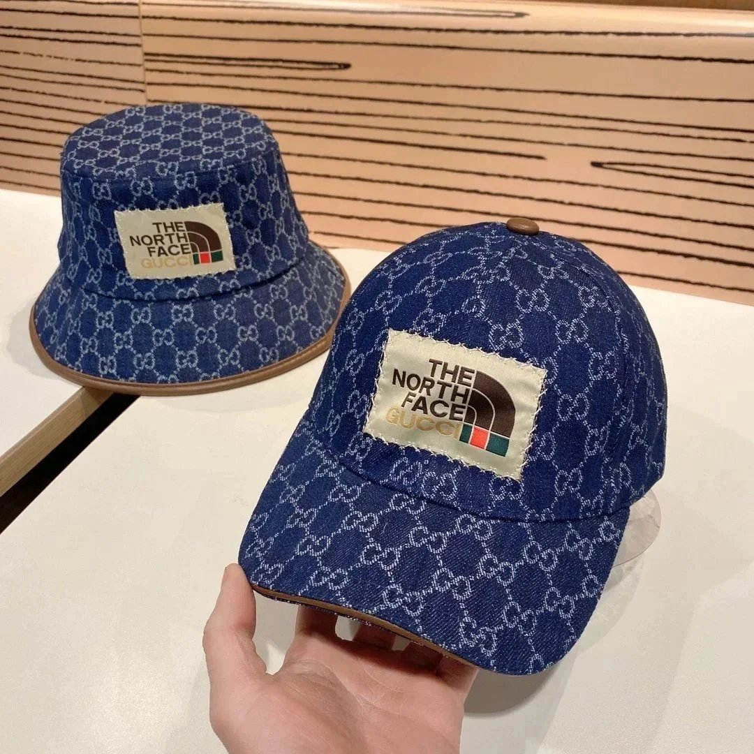 Gucci x The North Face GG Monogram Denim Bucket Hat and Baseball Cap in Navy