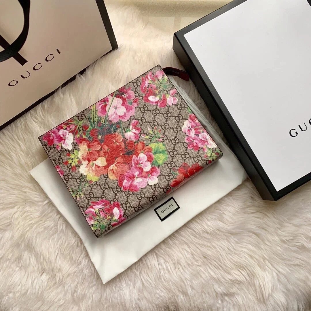 代购品质Gucci经典手包女士化妆包天竺葵花卉款拉链手拿包大号洗漱袋女包430268 2