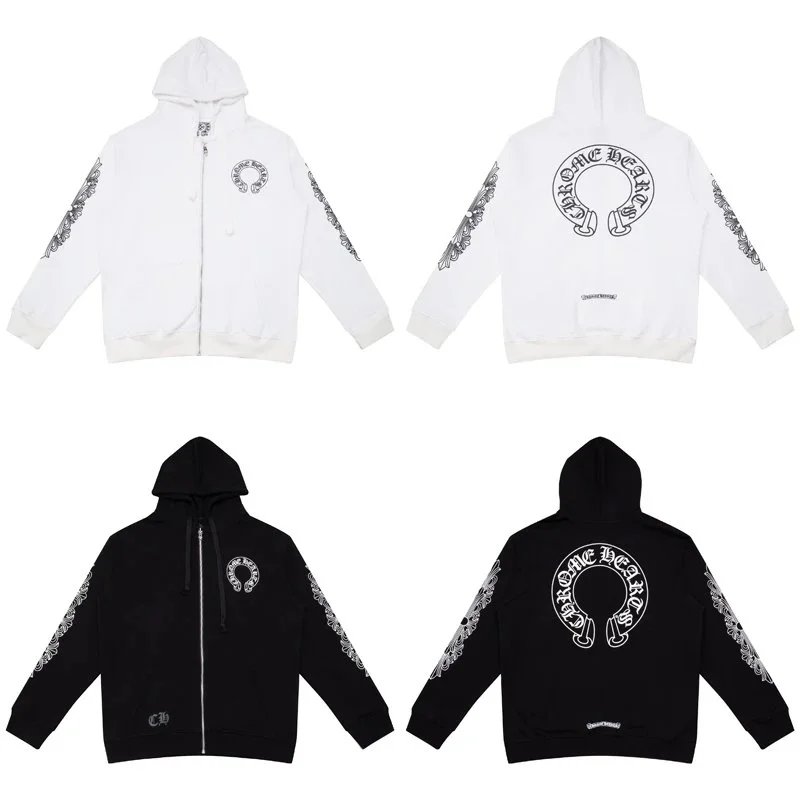 Horseshoe print embroidered print hooded cardigan sweatshirt