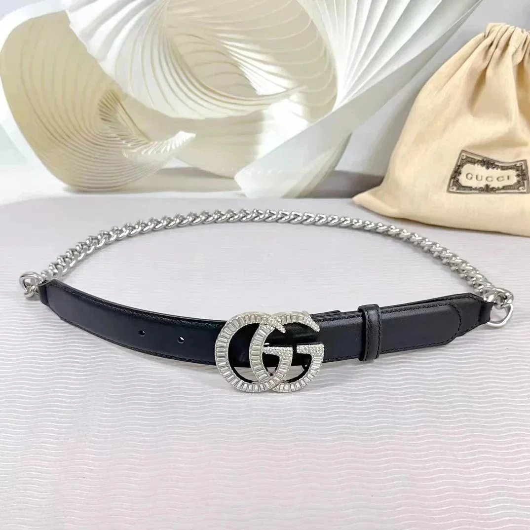 Gucci Belts Double G Buckle Chain Belt — black silver with drill