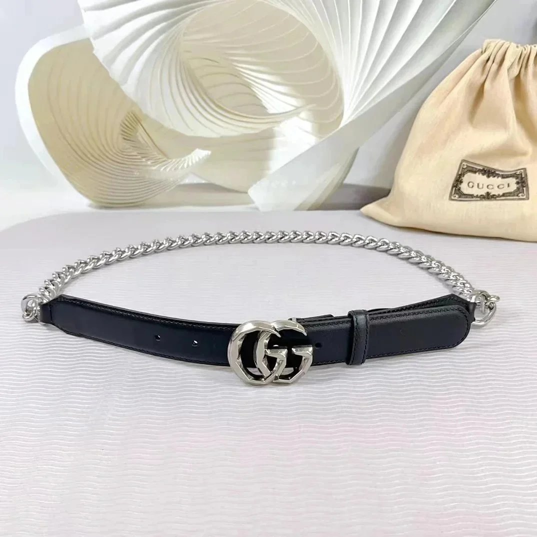 Gucci Belts Double G Buckle Chain Belt — Black Silver 2