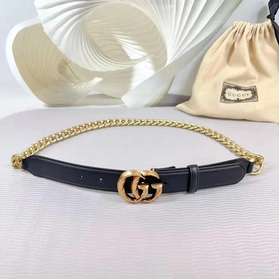 Gucci Belts Double G Buckle Chain Belt — Black Gold 2