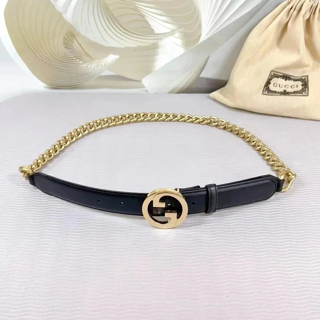 Gucci Belts Double G Buckle Chain Belt — Black Gold 3