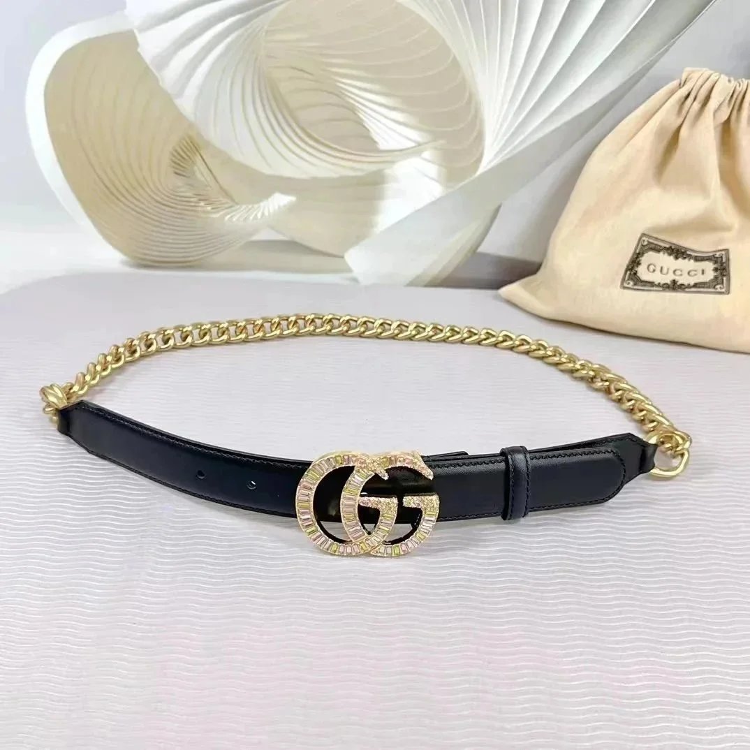 Gucci Belts Double G Buckle Chain Belt — Black gold with drill