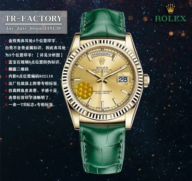 Rolex Watches Day-Date 36mm 118138, fluted bezel, day and date display, leather strap product detail image 7