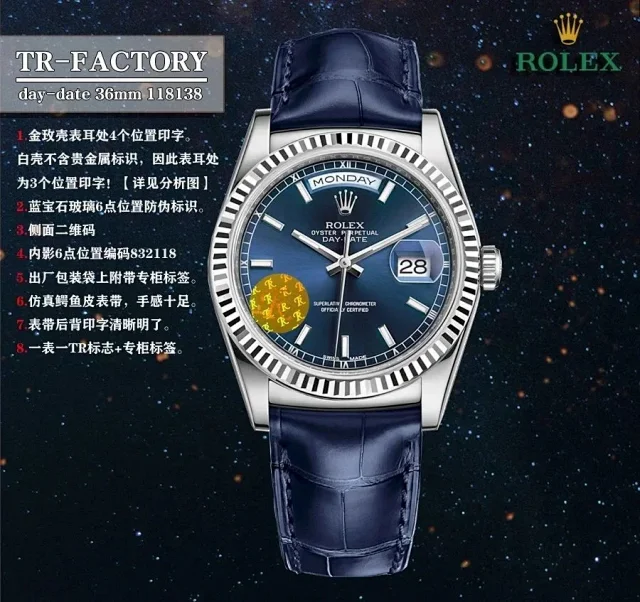 Rolex Watches Day-Date 36mm 118138, fluted bezel, day and date display, leather strap product detail image 3