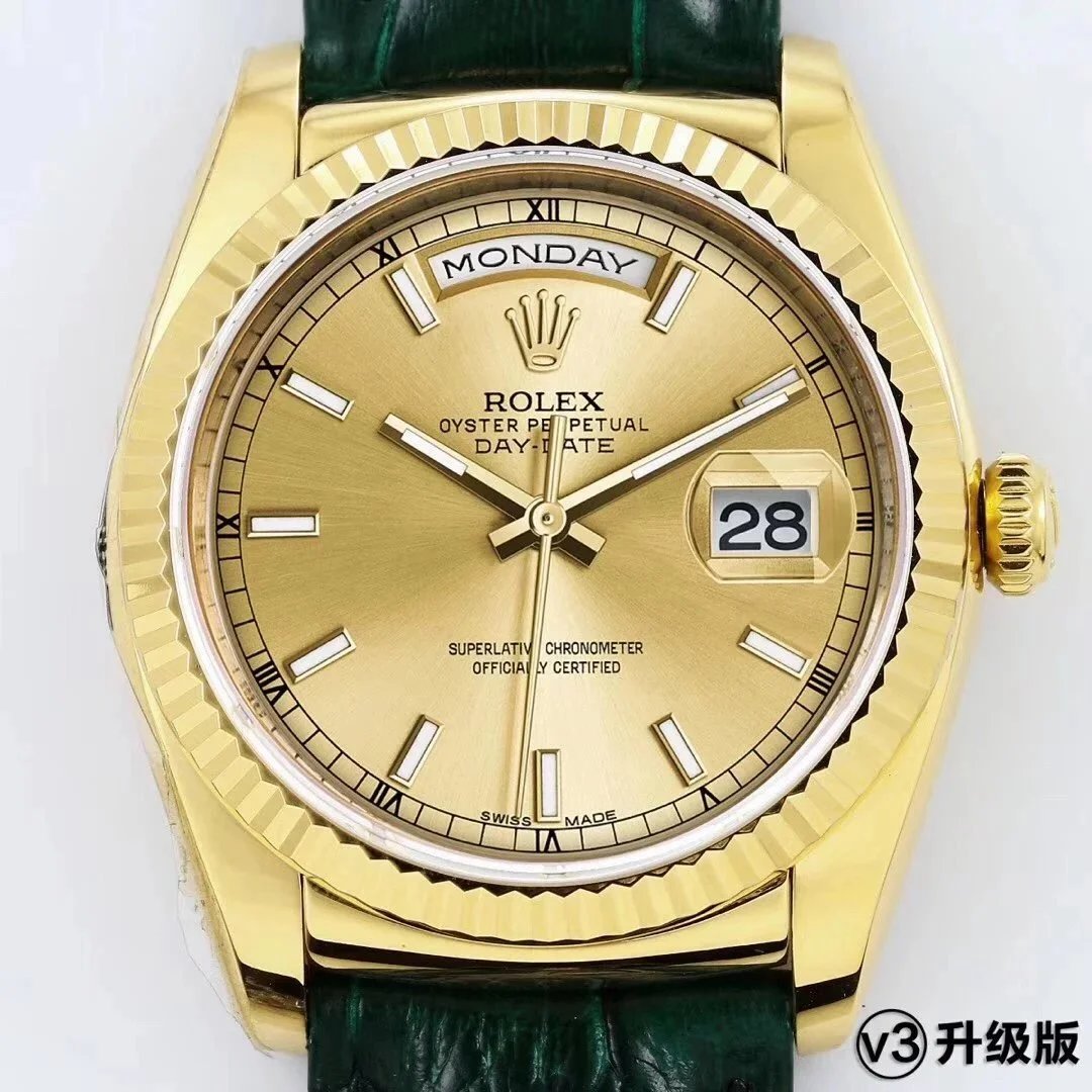 Rolex Watches Day-Date 36mm 118138, fluted bezel, day and date display, leather strap — 35