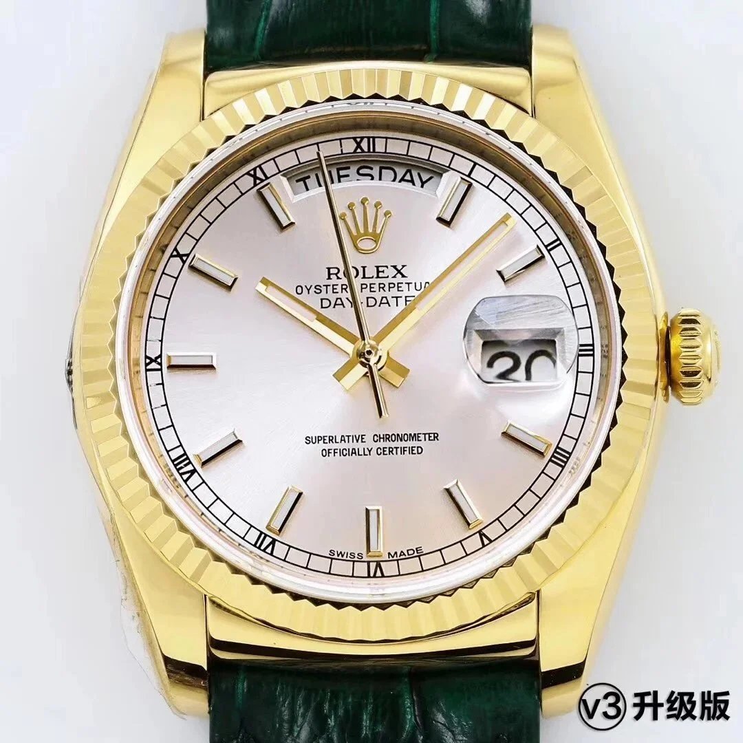 Rolex Watches Day-Date 36mm 118138, fluted bezel, day and date display, leather strap — 36
