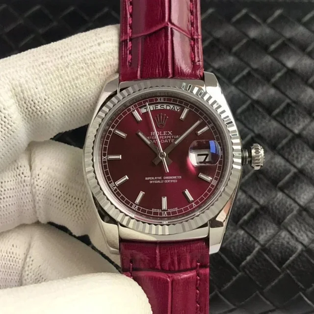 Rolex Watches Day-Date leather-strap watch with fluted bezel product detail image 2