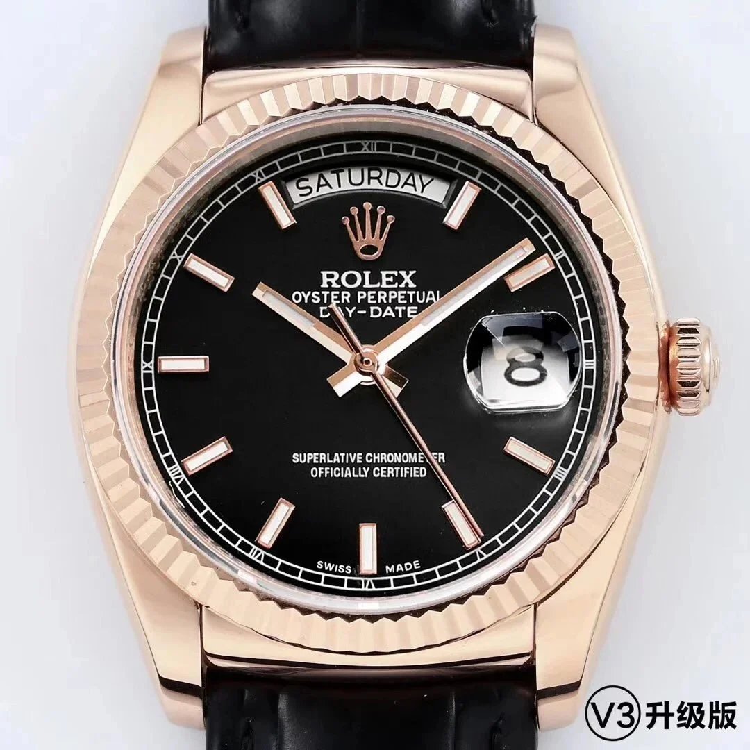 Rolex Watches Day-Date 36mm 118138, fluted bezel, day and date display, leather strap — 34