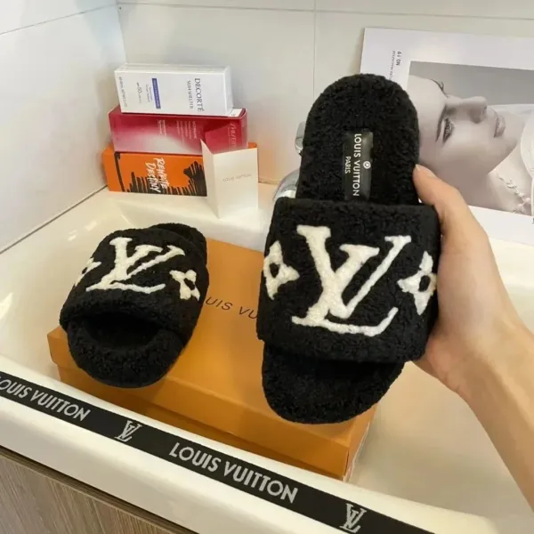 Louis Vuitton LV Logo Furry Slides Black Slippers - 3