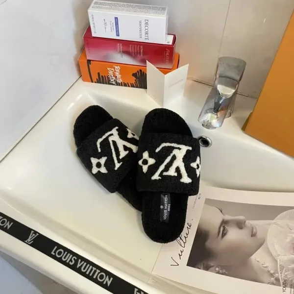 Louis Vuitton LV Logo Furry Slides Black Slippers - 4