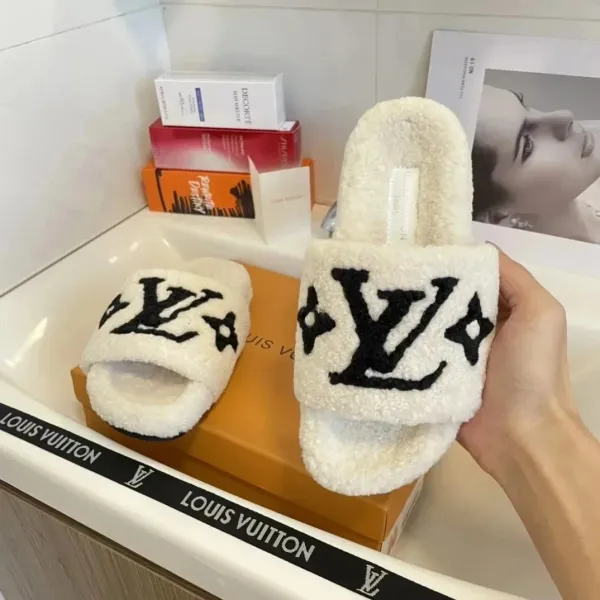 Louis Vuitton LV Logo Furry Slides Black Slippers - 9