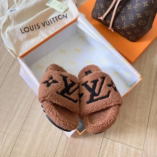 Louis Vuitton LV Logo Furry Slides Black Slippers - 6