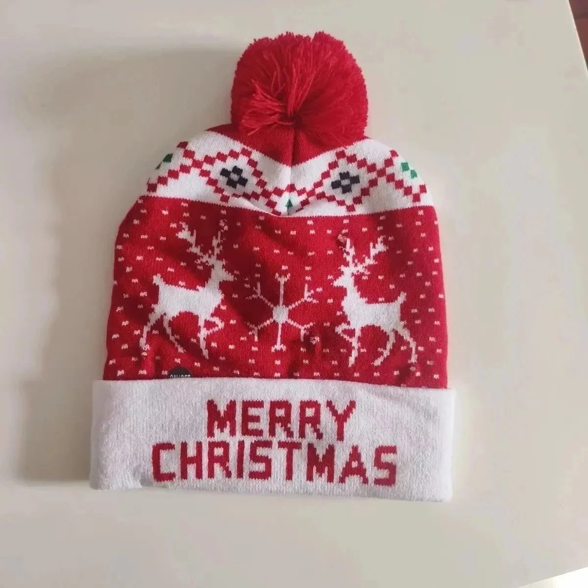 Design Festive Reindeer Knit Beanie with Pom-Pom Red White Christmas Hat