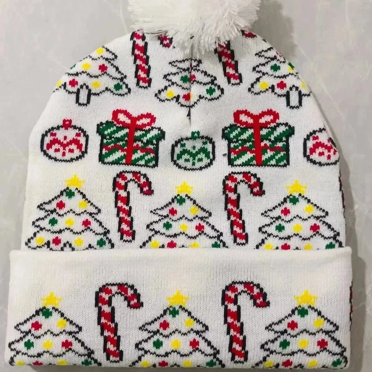 Design Christmas Print Pom-Pom Beanie White