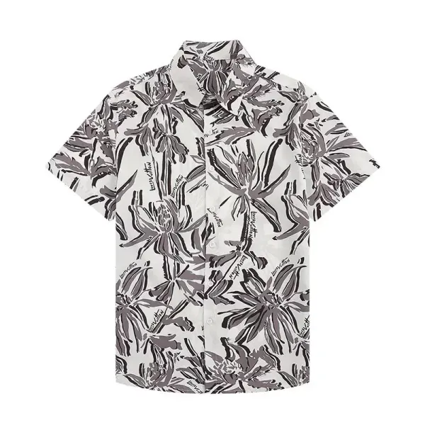 Design Patterned Lime Green Short-Sleeve Button-Up Shirt - 19