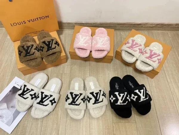 Louis Vuitton LV Logo Furry Slides Black Slippers - 7