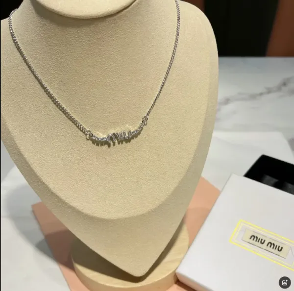 Miu Miu Logo Crystal Necklace Silver - 3