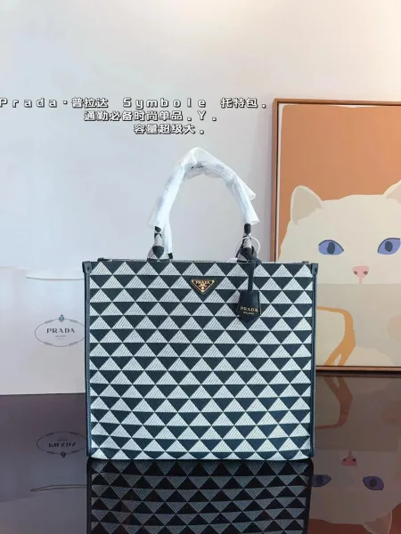 Prada Re-Edition 2005 Woven Straw Tote Bag Beige/Black Handbag - 32