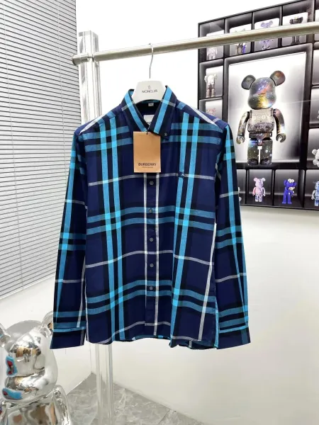 Burberry Check Shirt with Contrasting Sleeve Patches Blue Plaid Shirt - 10