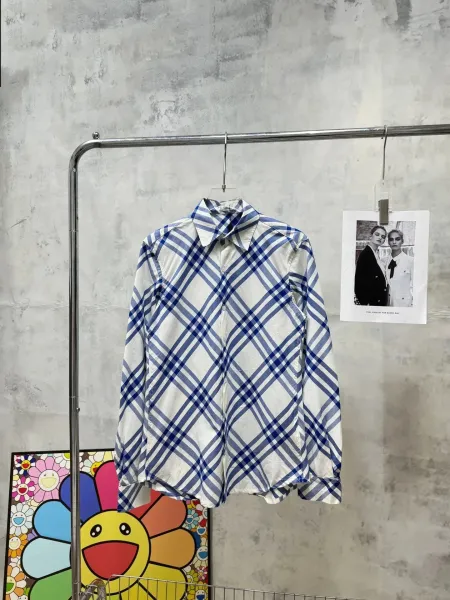 Burberry Check Shirt with Contrasting Sleeve Patches Blue Plaid Shirt - 16