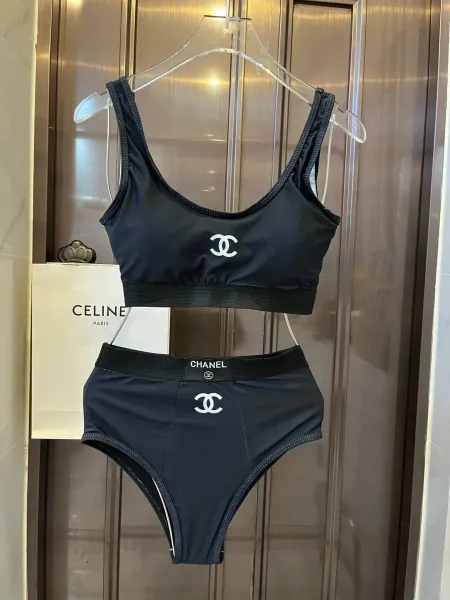 Chanel Ribbed Bralette and Brief Set Black and White Underwear - 16