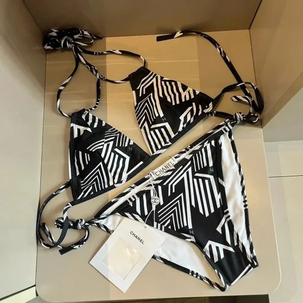 Chanel Ribbed Bralette and Brief Set Black and White Underwear - 3