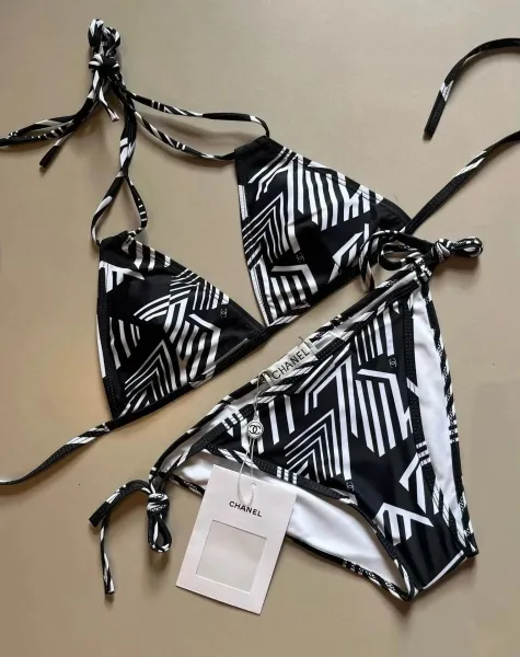 Chanel Ribbed Bralette and Brief Set Black and White Underwear - 11