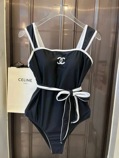 Chanel Ribbed Bralette and Brief Set Black and White Underwear - 26