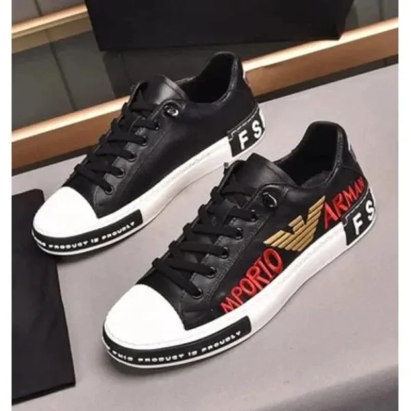 Emporio Armani FS Logo Print Leather Sneakers Black White - 1