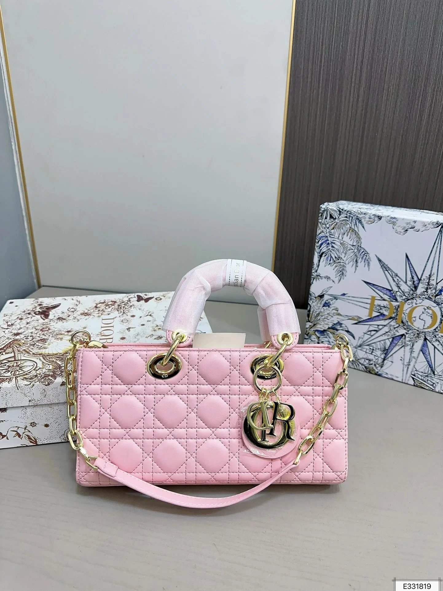 Dior Lady Dior Oblique Monogram Beige and Black Chain Bag - 34