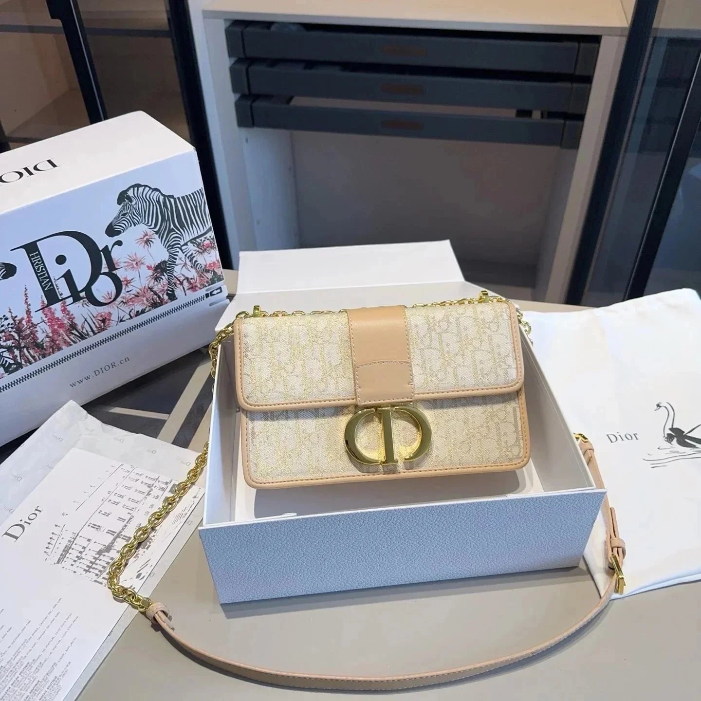 Dior Lady Dior Oblique Monogram Beige and Black Chain Bag - 9