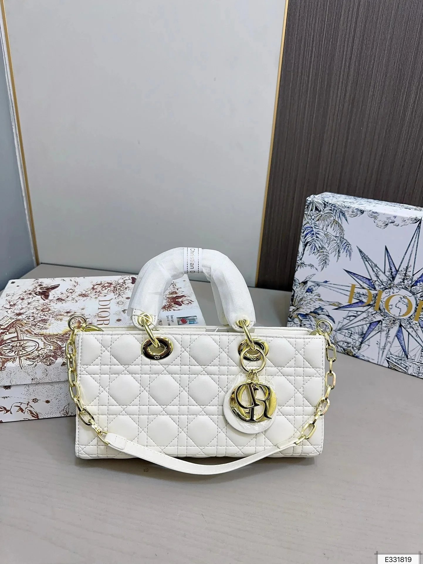Dior Lady Dior Oblique Monogram Beige and Black Chain Bag - 33