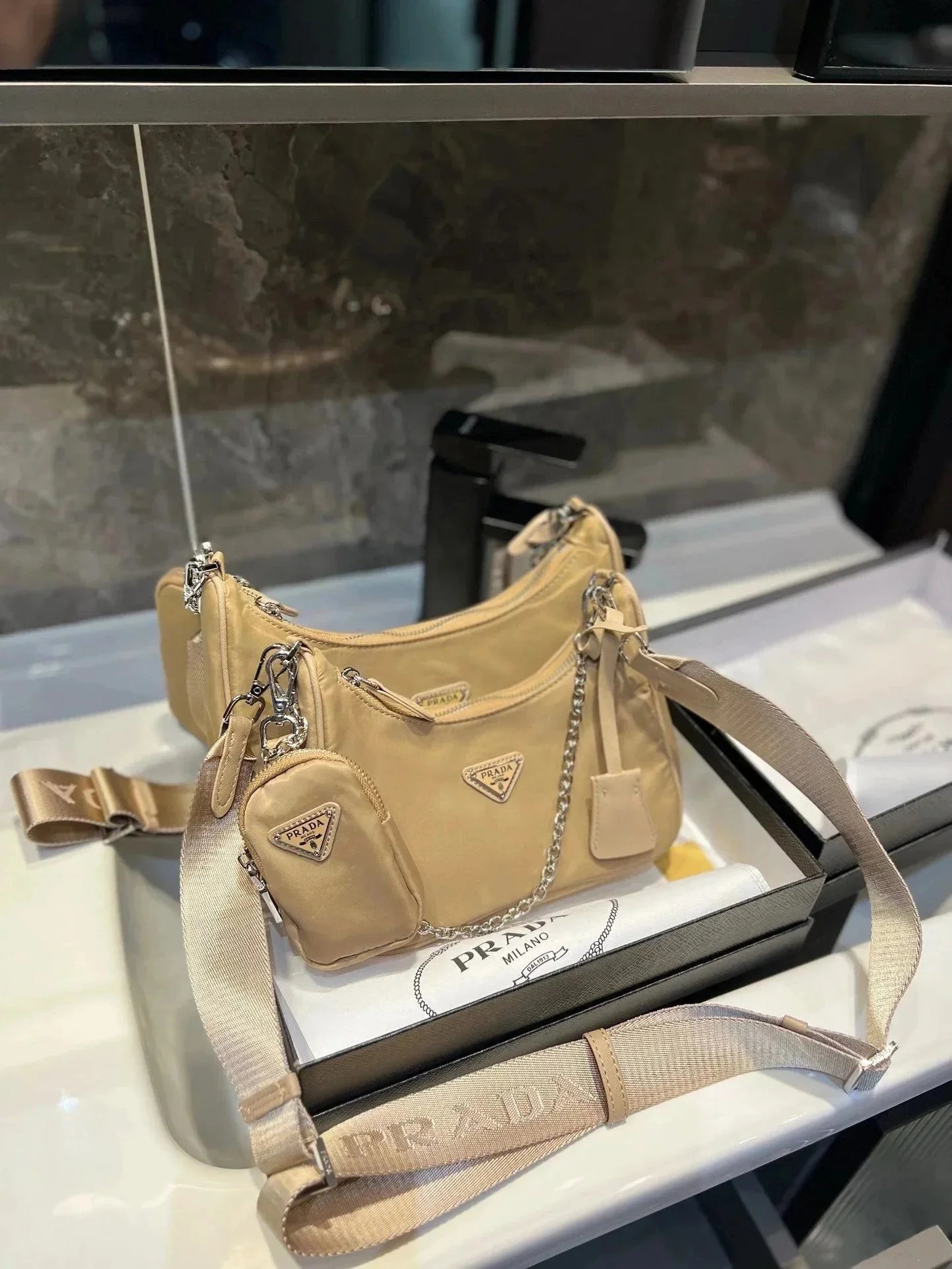 Prada Re-Edition 2005 Quilted White Chain Shoulder Bag with Detachable Pouch - 5