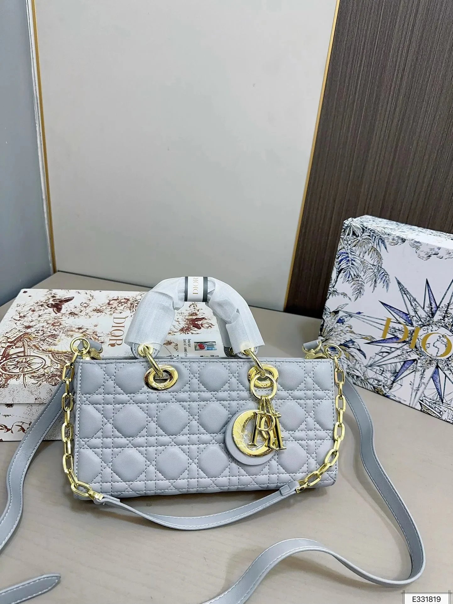 Dior Lady Dior Oblique Monogram Beige and Black Chain Bag - 32