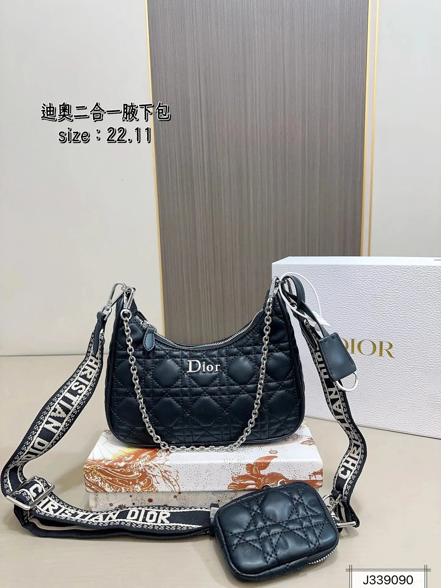 Dior Lady Dior Oblique Monogram Beige and Black Chain Bag - 22