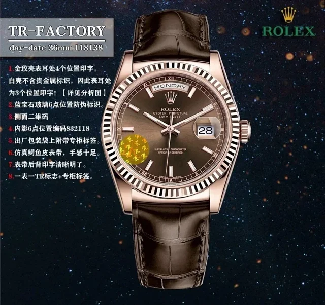Rolex Watches Day-Date 36mm 118138, fluted bezel, day and date display, leather strap product detail image 9